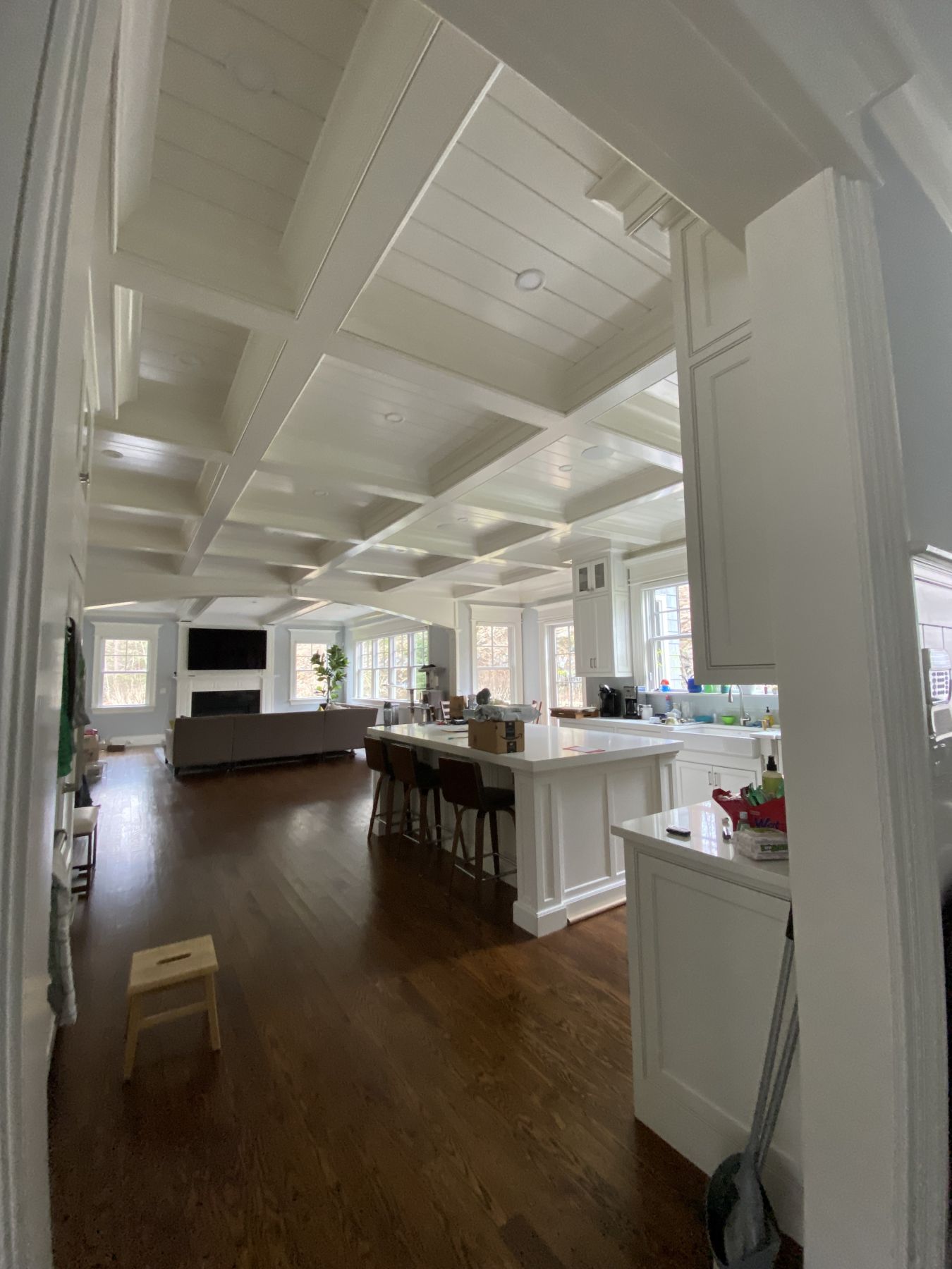 Open living space under a coffered and beamed ceiling